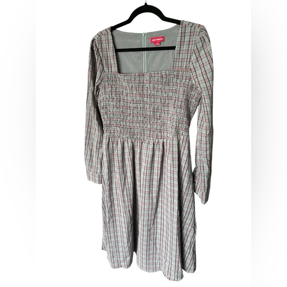 ASOS / Urban Threads shirred gray midi long sleeve dress in check